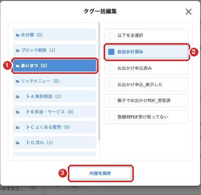 タグ一括編集の画面で、あいさつの中のお出かけ済みに印が付いている